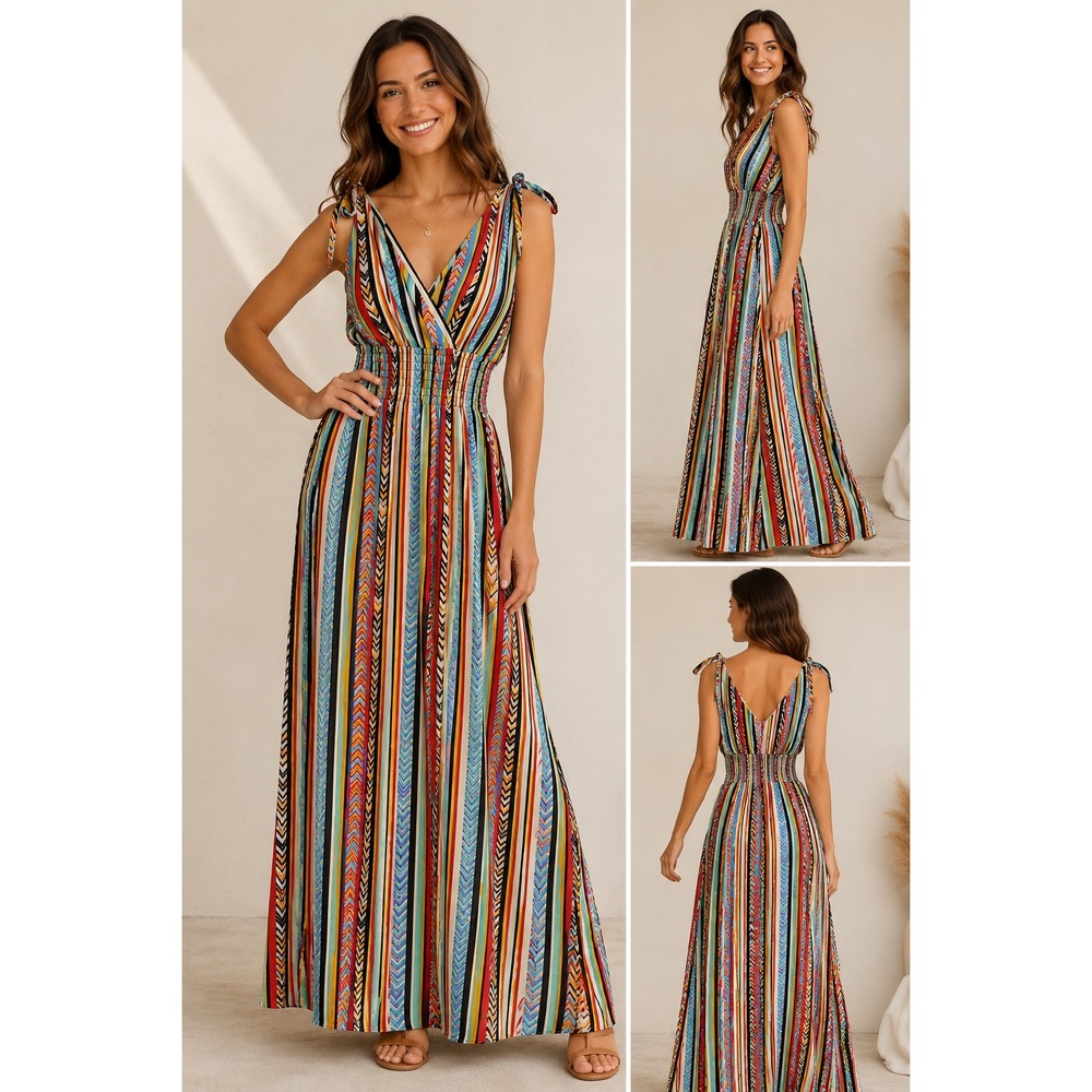 FC Multi-Color Striped Chevron Smocked Waist Maxi Boho Dress Sleeveless M-L